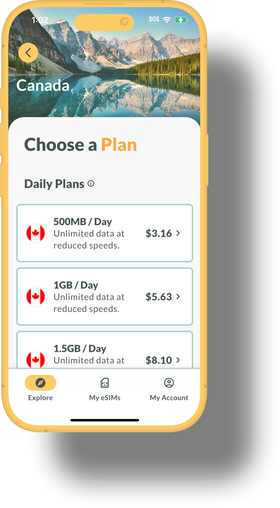 A close-up of the Beach Bum eSIM “Choose a Plan” screen on a yellow iPhone showing Canada daily plans: a 500 MB/day option for $3 .16, 1 GB/day for $5 .63, and 1.5 GB/day for $8 .10, each featuring a small Canadian flag icon. The background shows a mountain-lake header labeled “Canada,” with the bottom navigation bar highlighting “Explore,” and tabs for “My eSIMs” and “My Account.”