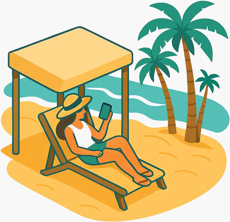 A flat-style isometric illustration of a woman lounging in a beach chair under a cabana while holding her smartphone, with teal ocean waves, sandy shore, and palm trees in the background—perfectly capturing the ease of managing Beach Bum eSIM data plans on-the-go.