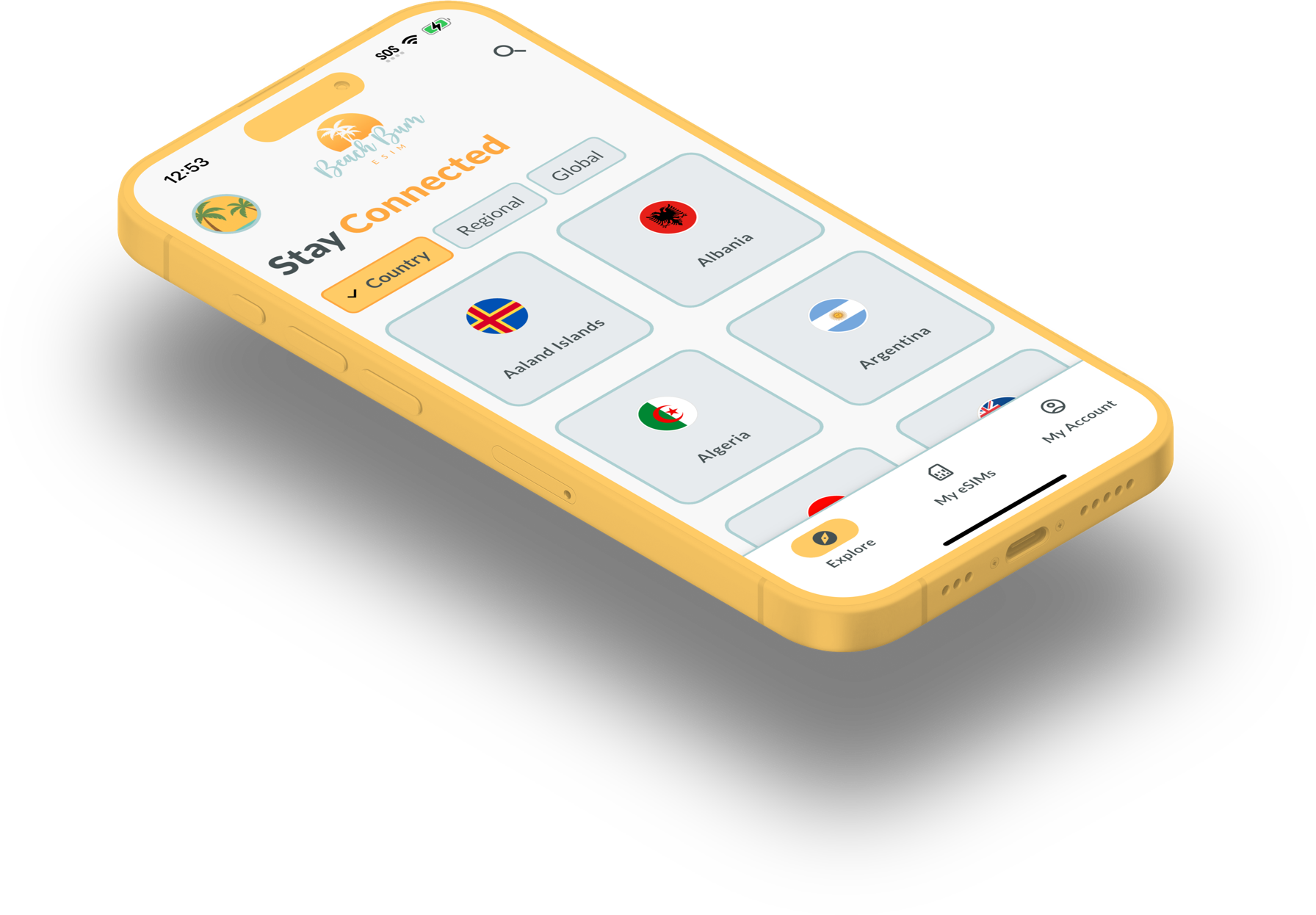 A tilted, isometric view of the Beach Bum eSIM “Explore” dashboard on a yellow iPhone. The screen shows the “Stay Connected” header, tabs for Country, Regional, and Global eSIM plans, and a grid of country tiles (Aaland Islands, Albania, Algeria, Argentina) with their national flags. The bottom navigation bar highlights “Explore,” alongside “My eSIMs” and “My Account,” illustrating how users choose a country-specific eSIM plan.
