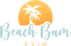 The Beach Bum eSIM logo featuring a stylized golden sun setting behind two white palm trees, with “Beach Bum” in cursive teal text below and “eSIM” in uppercase orange letters underneath.