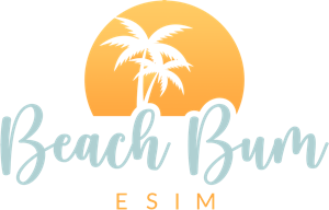 The Beach Bum eSIM logo featuring a stylized golden sun setting behind two white palm trees, with “Beach Bum” in cursive teal text below and “eSIM” in uppercase orange letters underneath.