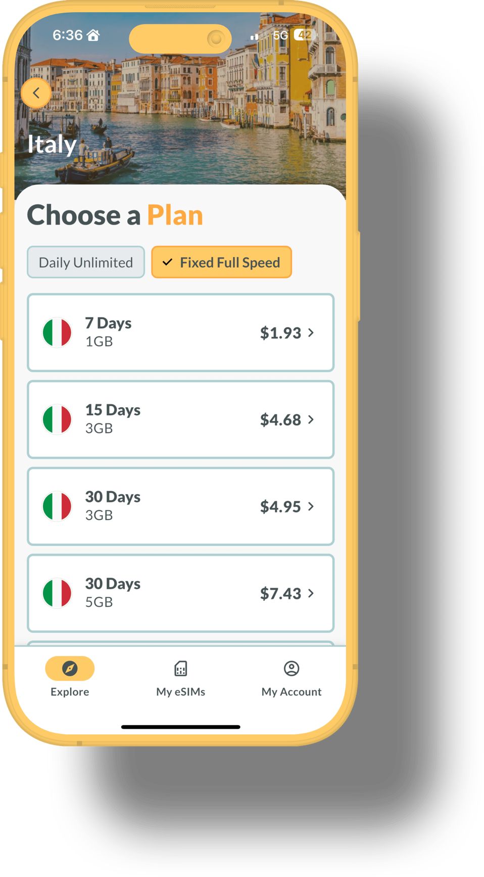 Choose the best Italy eSIM plan with Beach Bum. Options from 7 to 30 days with 1GB–5GB starting at just $1.93. Stay connected across Italy with fast, reliable data.